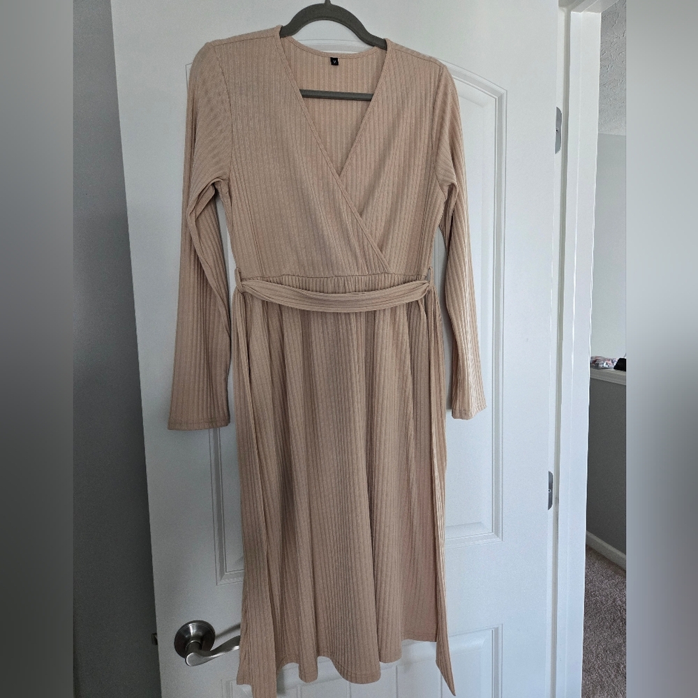 Tan Long Sleeve Wrap Dress